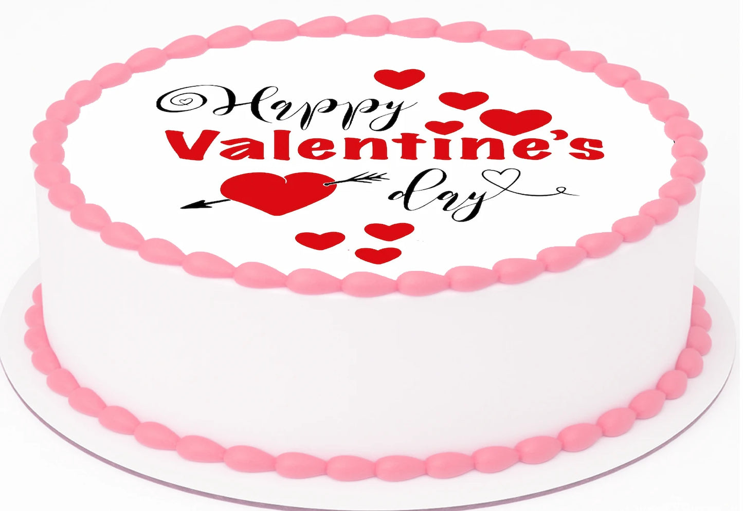 Precut edible image with 'Happy Valentines Day' text with hearts and arrow on a cake topper