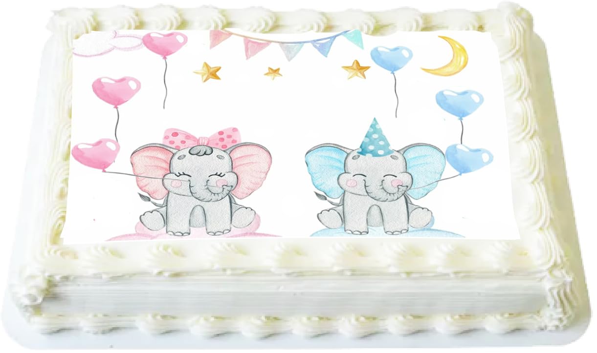 Elephant Baby Shower - Announcement - Gender Reveal - Edible Image Cake Topper