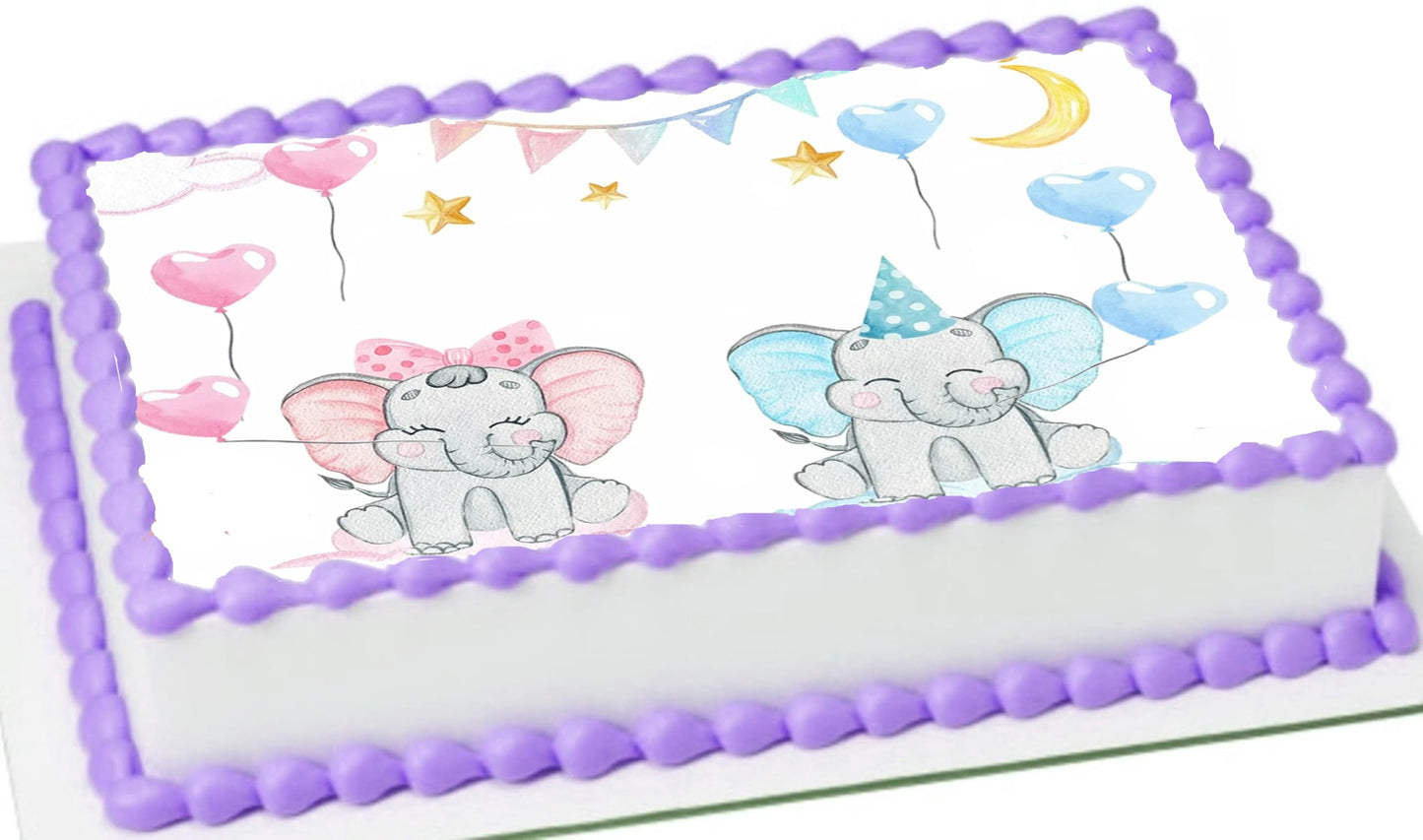 Elephant Baby Shower - Announcement - Gender Reveal - Edible Image Cake Topper