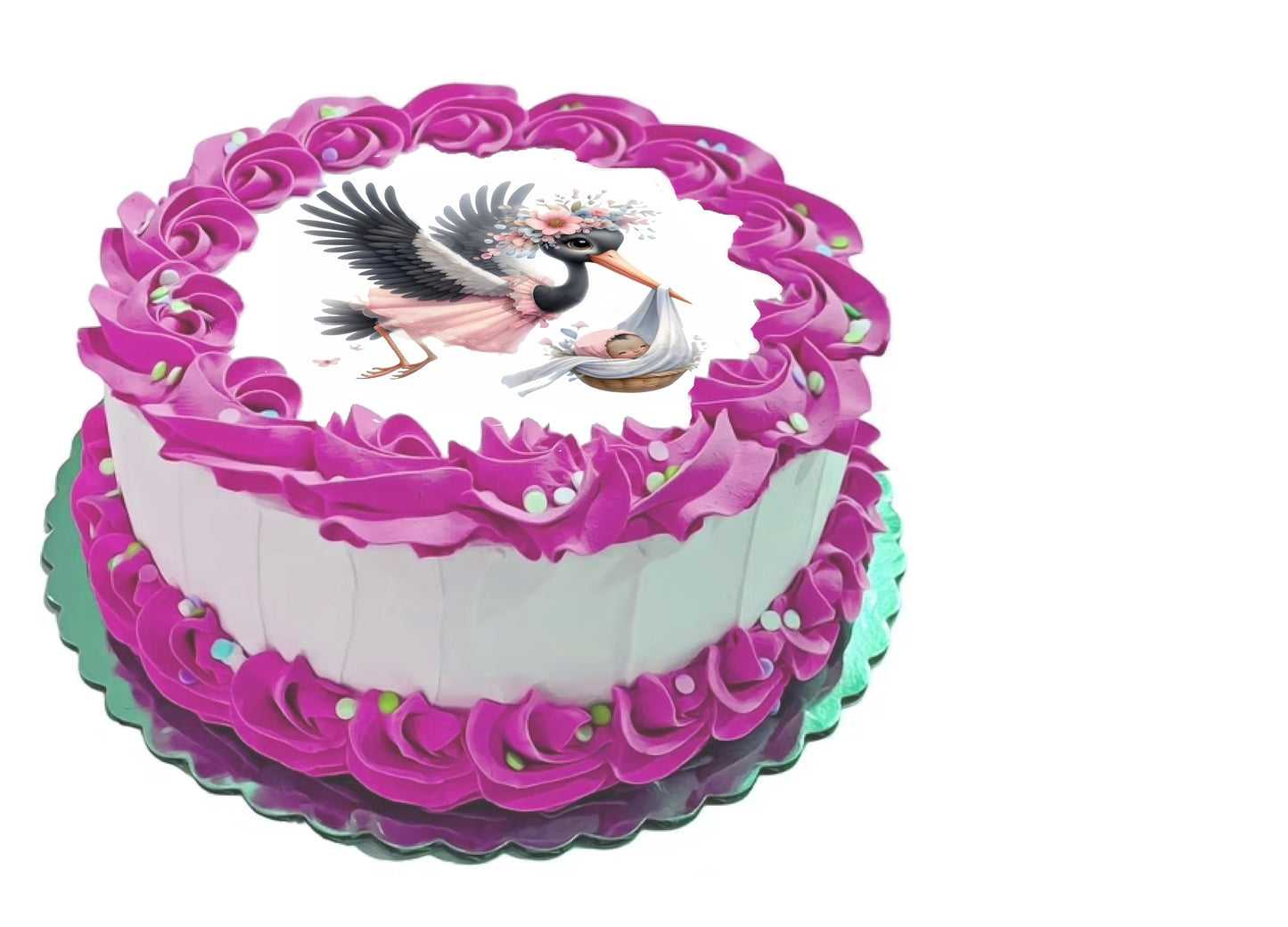 Stork baby Girl delivery Announcement - Gender Reveal - Edible Image Cake Topper