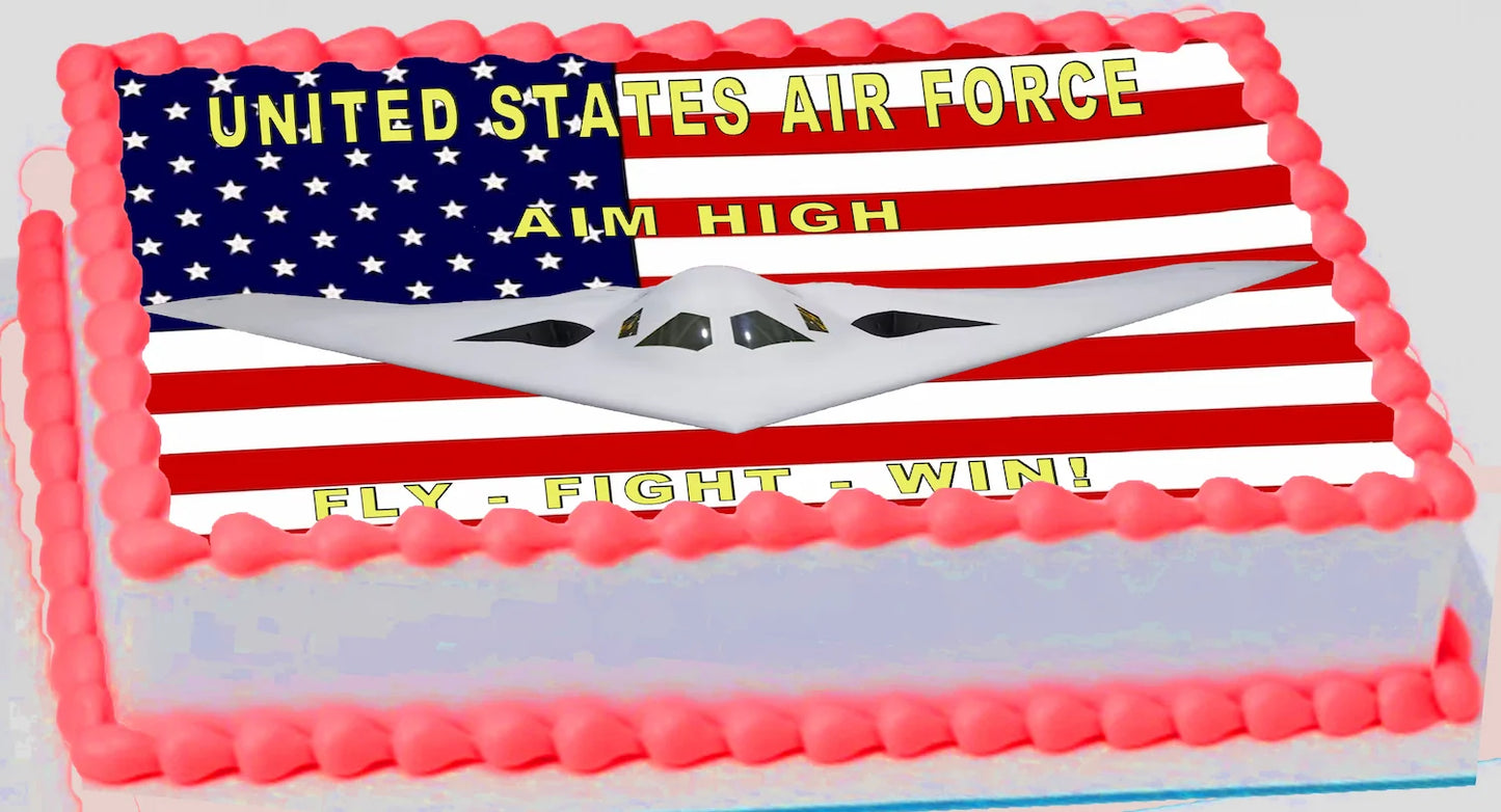 Military themed edible cake decoration with Air Force jet, American flag, and 'Aim High' motto