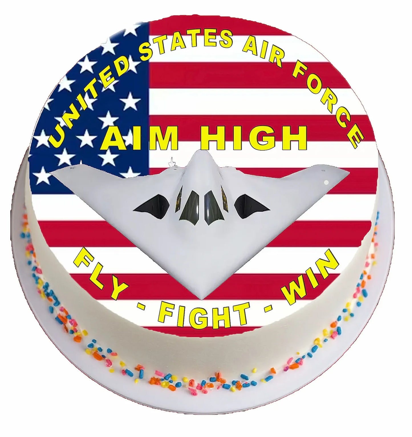 Edible Icing Image United States Air Force, with American flag, and text 'Aim High, Fly Fight Win'