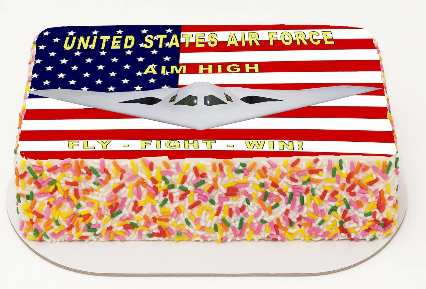 Air Force fighter plane edible topper displaying patriotic flag colors with motivational 'Aim High' message