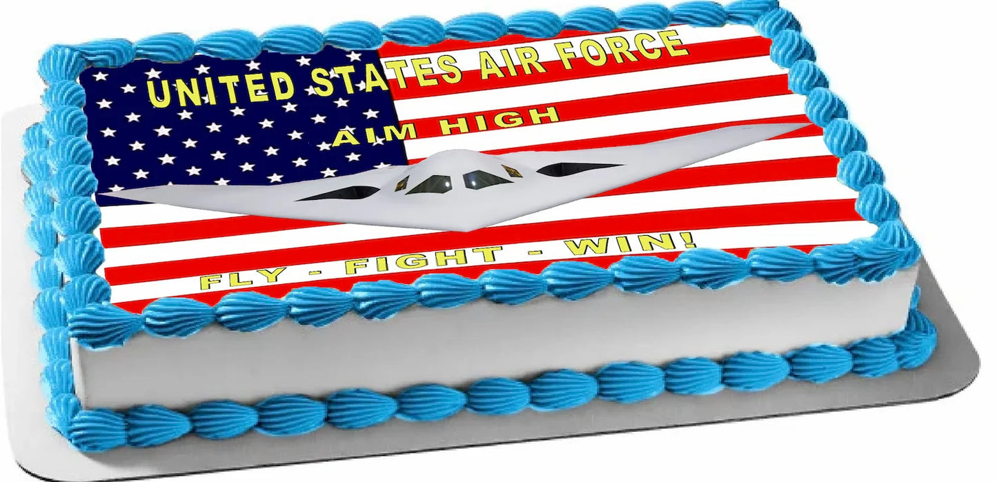Patriotic fighter jet edible image featuring Air Force aircraft soaring with flag with USAF motto