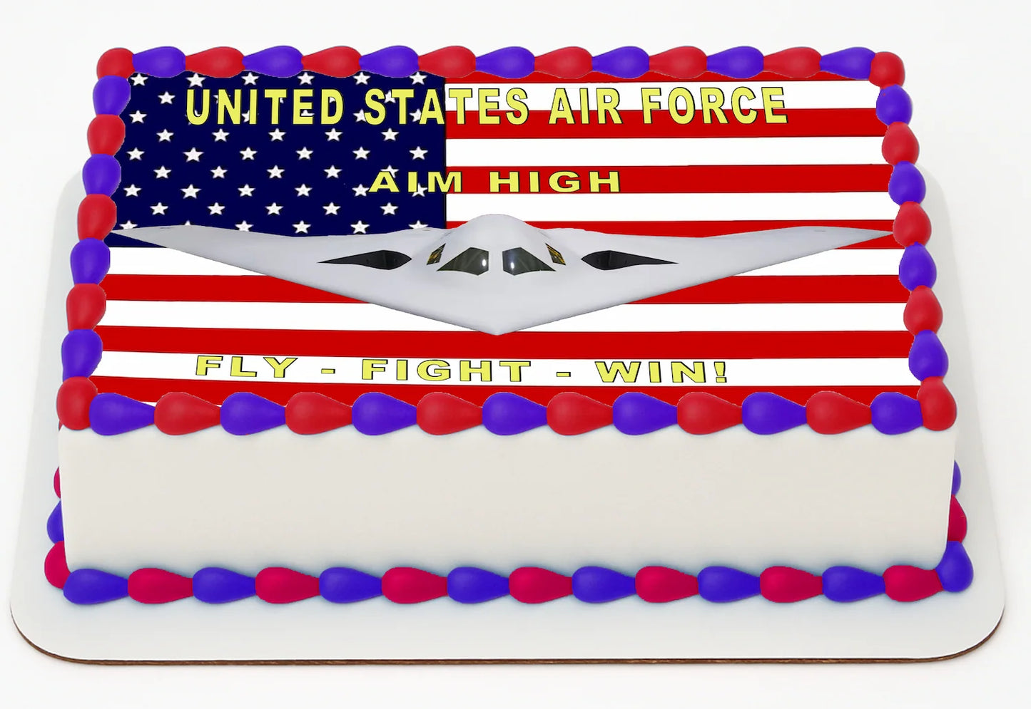 USAF Edible cake image featuring military fighter jet with stars and stripes and Air Force 'Aim High' motto