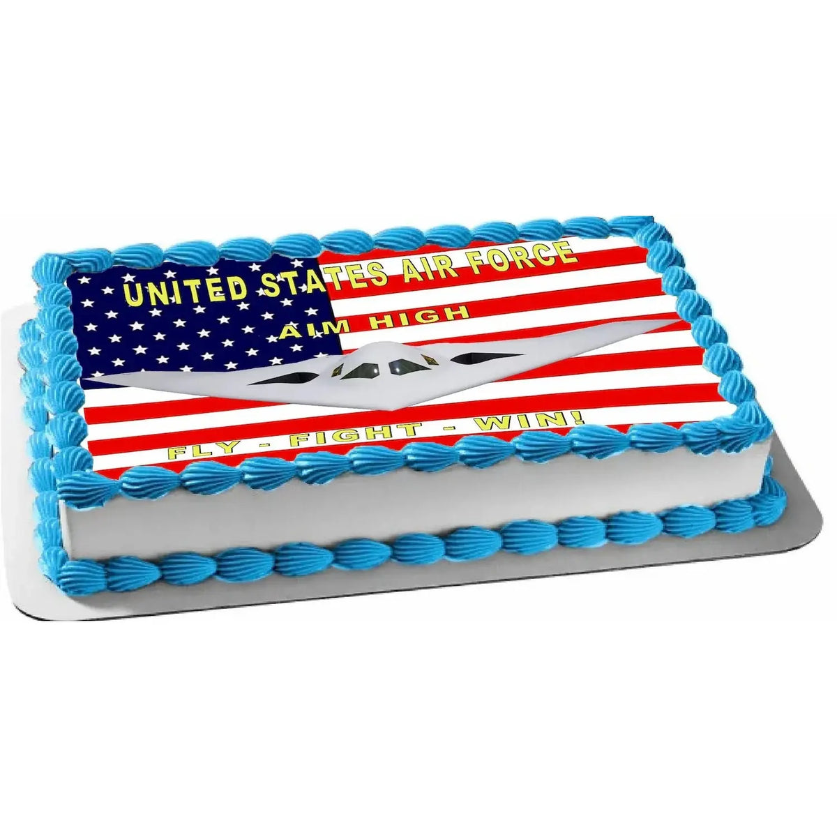 Air Force Aim High Flag Edible Icing Sheet Cake Topper on a sheet cake.