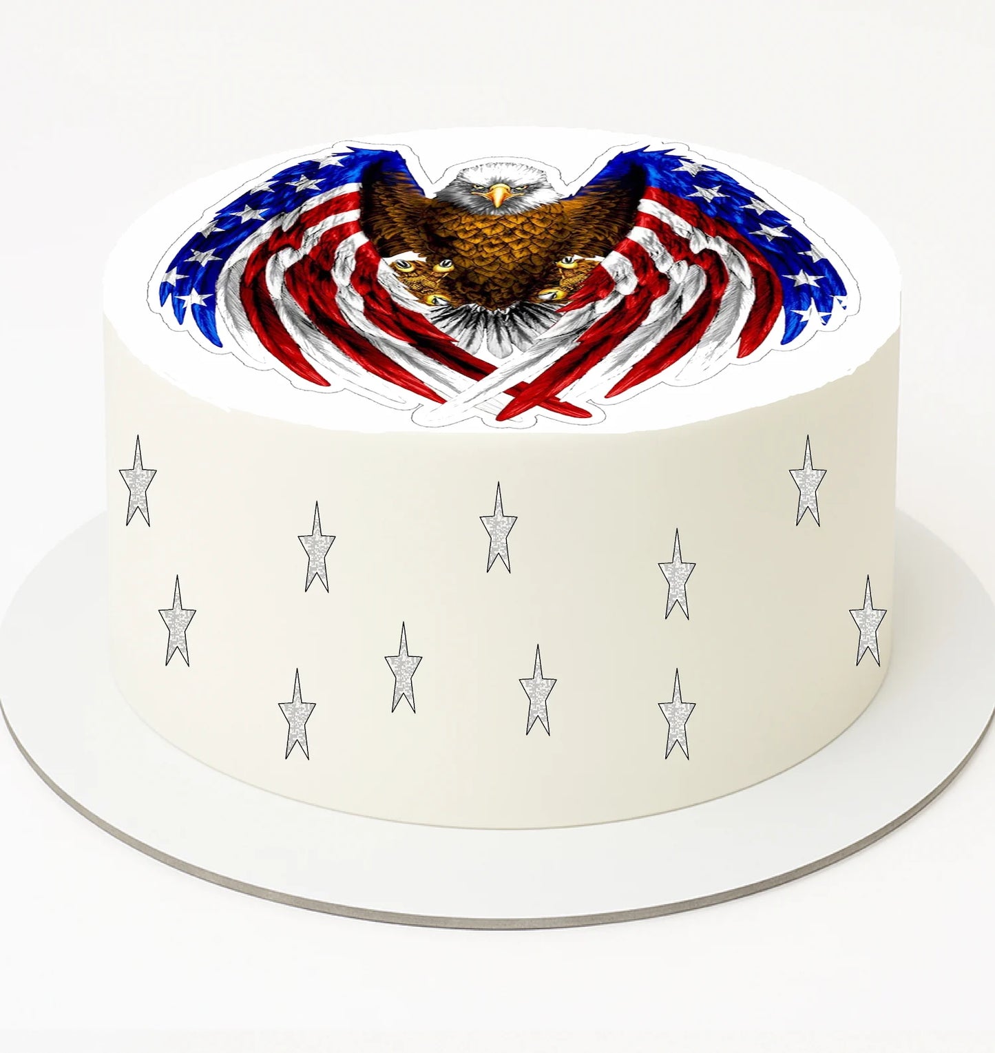 Round edible image cake topper displaying American eagle soaring over flag design in vibrant patriotic colors