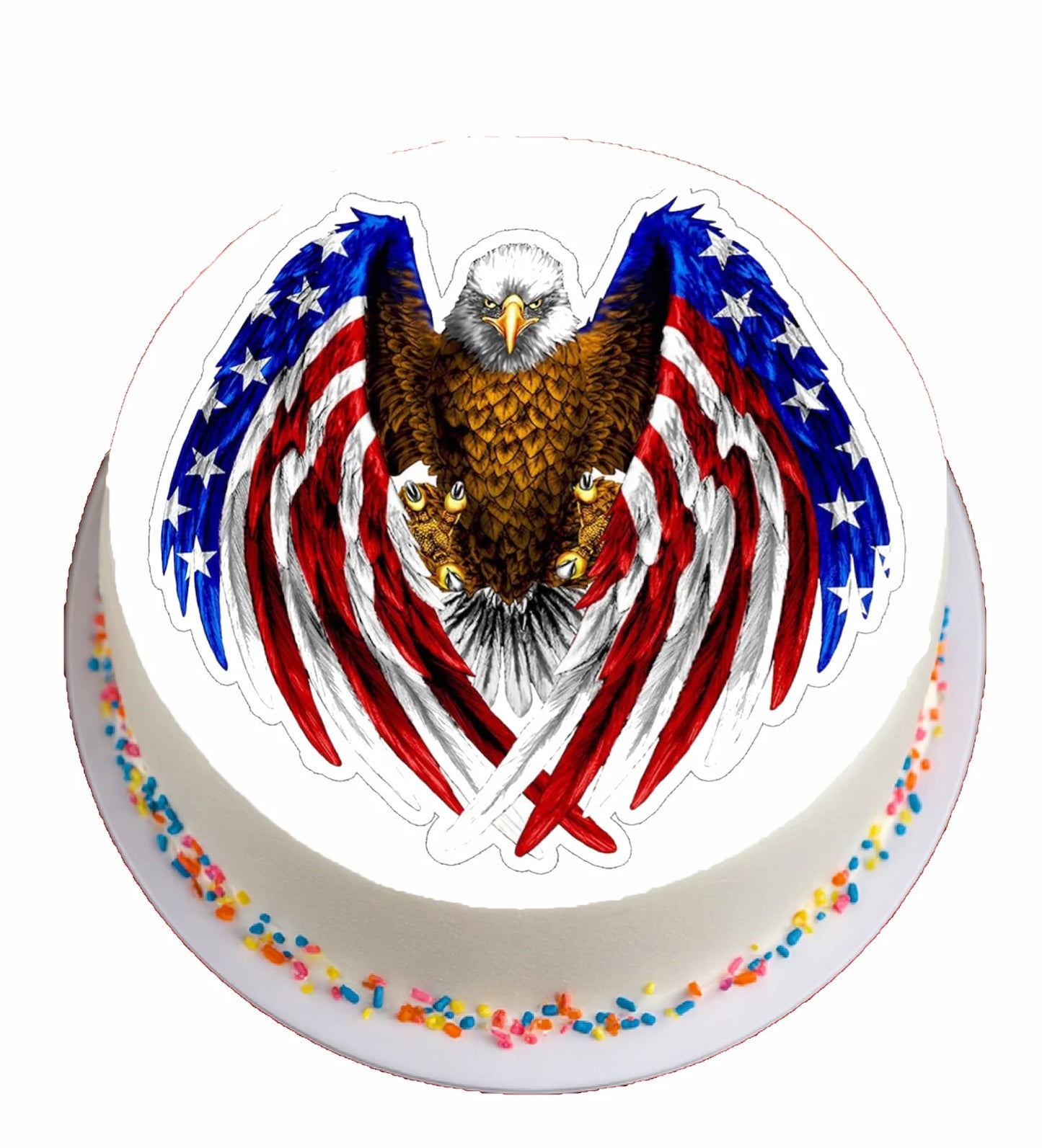 Perfect edible icing image for your your patriotic holiday or a birthday with this beautiful eagle with american flag wings.