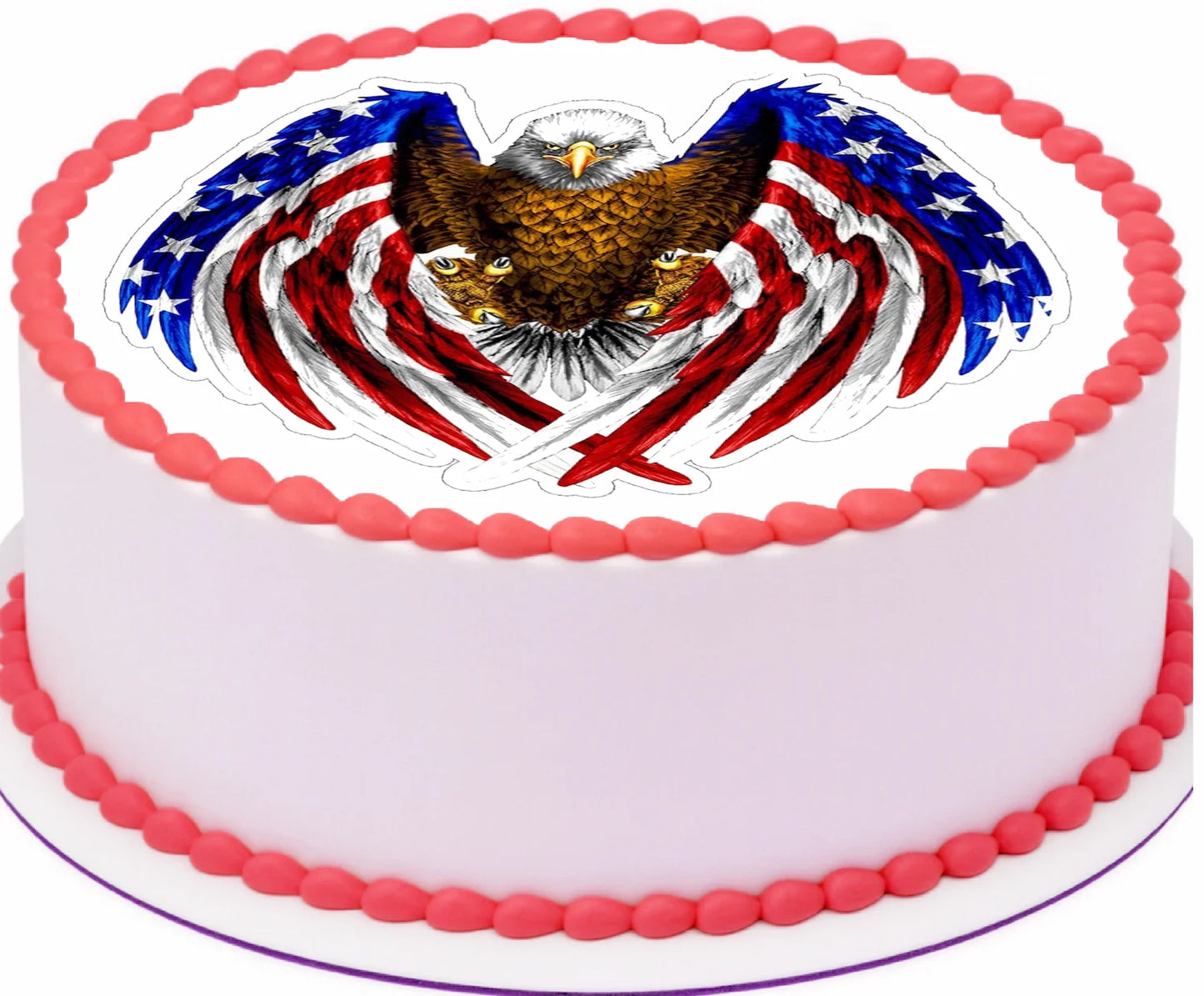 Edible cake decoration with American flag and eagle motif, perfect for patriotic celebrations and Fourth of July parties