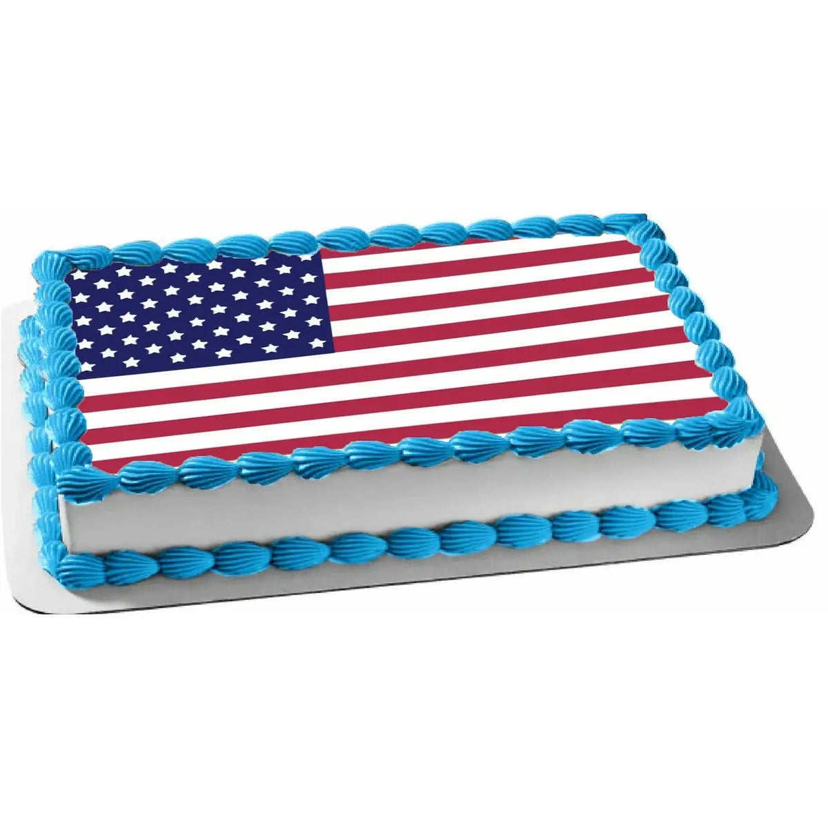 American Flag Edible Icing Sheet Cake Topper on a sheet cake.
