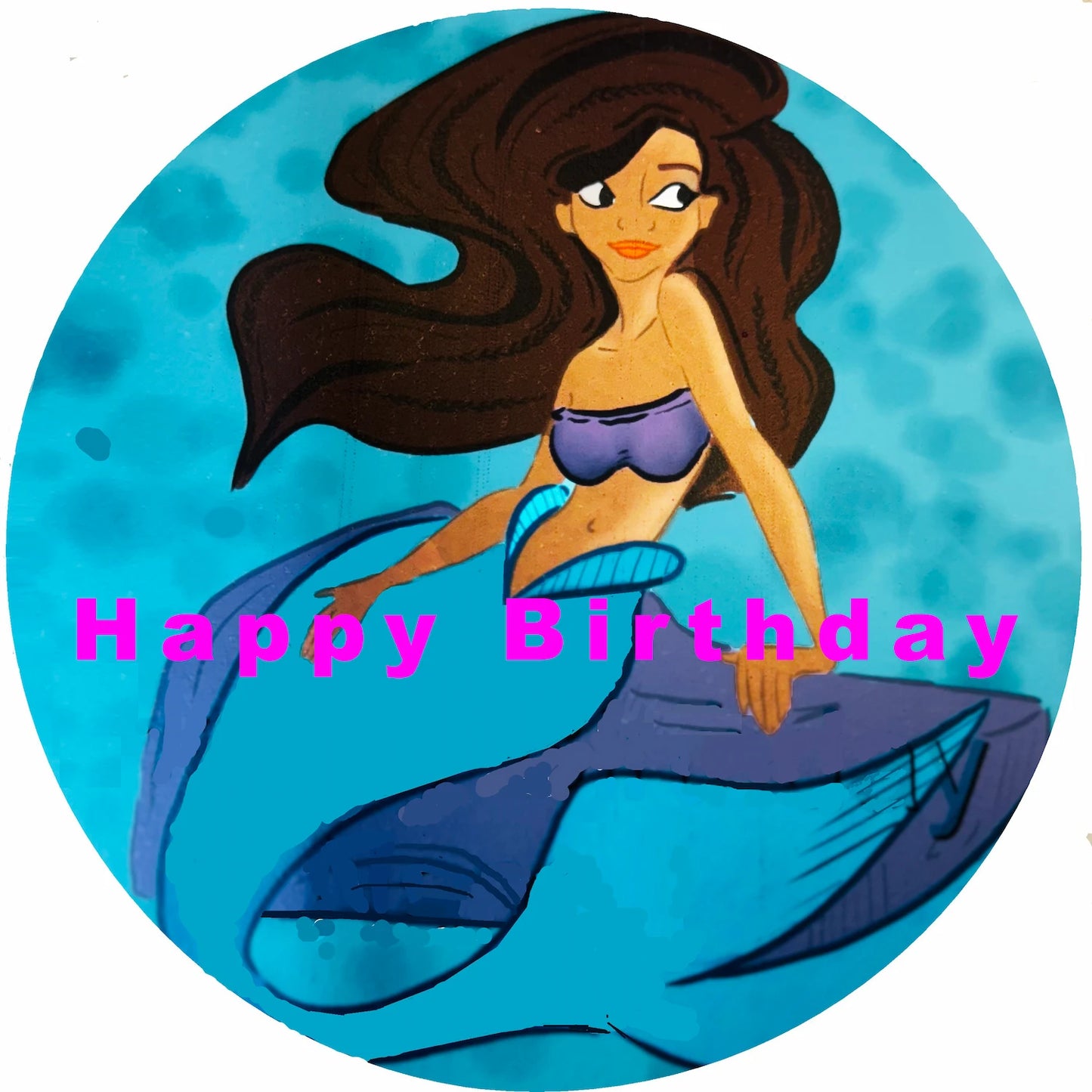 Ariel mermaid with 'Happy Birthday' edible image cake topper.