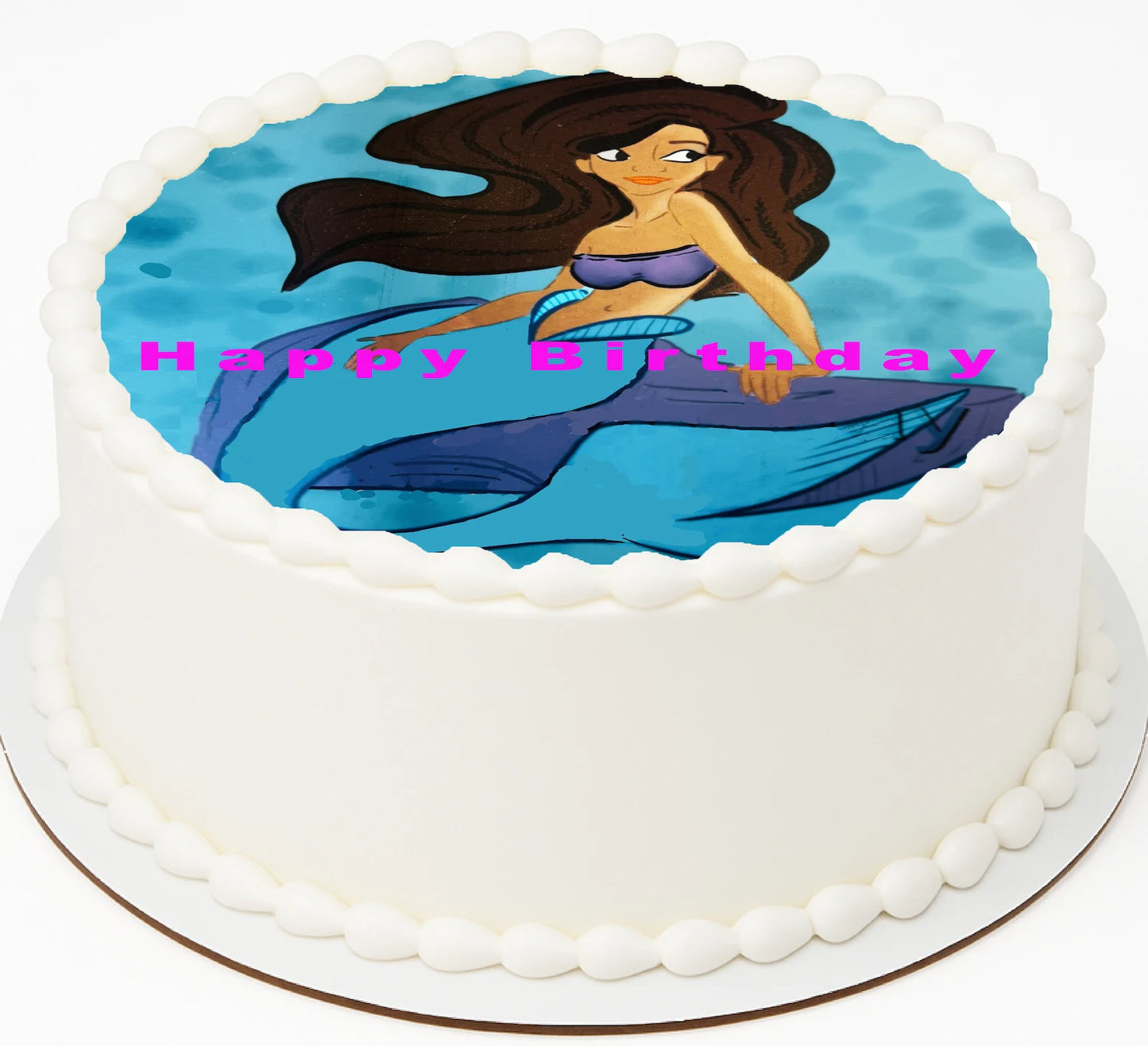 Ariel on an edible image cake topper with 'Happy Birthday' text on