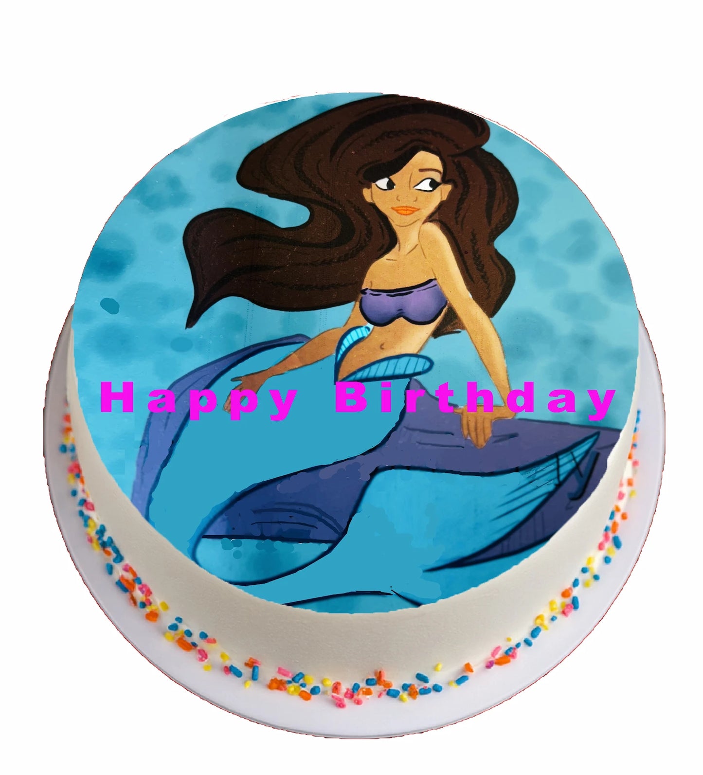 Ariel Mermaid-themed birthday edible image cake topper with 'Happy Birthday' text.