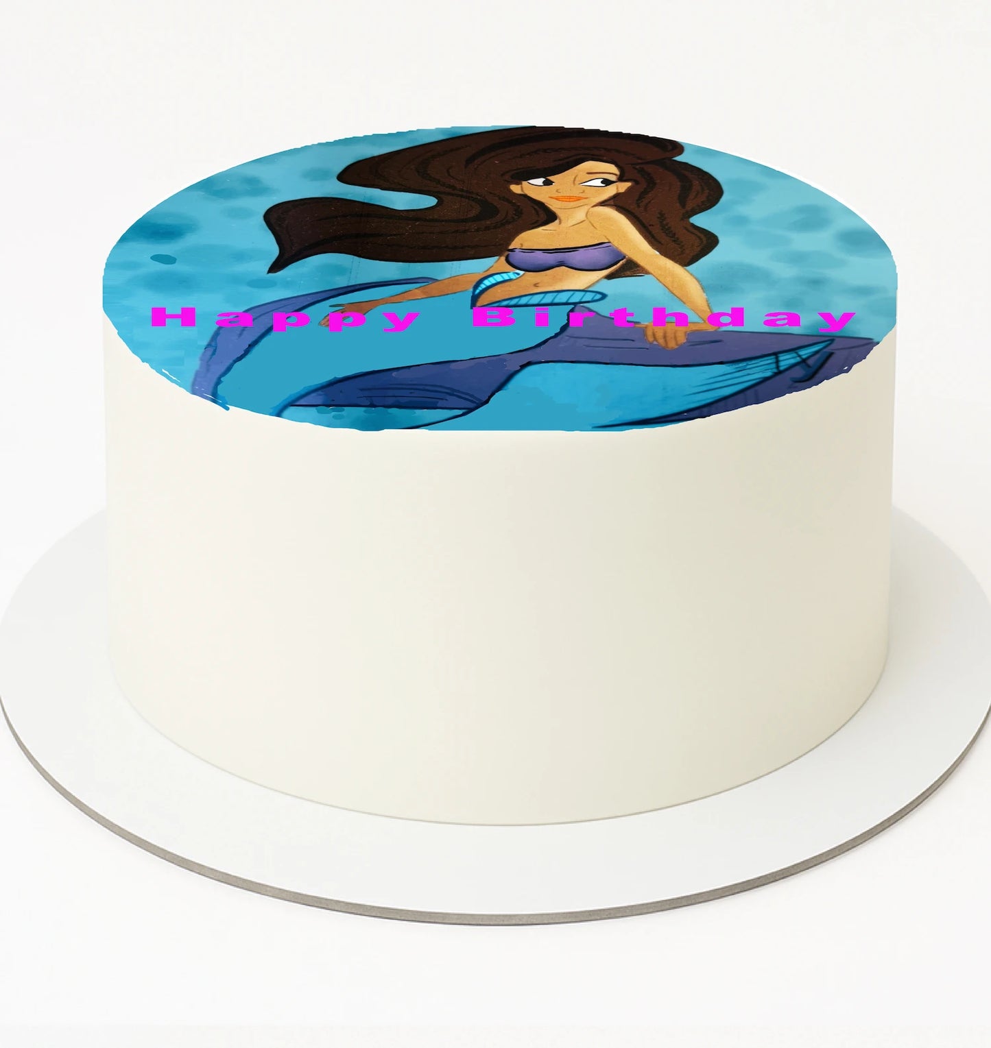 Edible Image birthday cake topper with Ariel mermaid design and 'Happy Birthday' text.