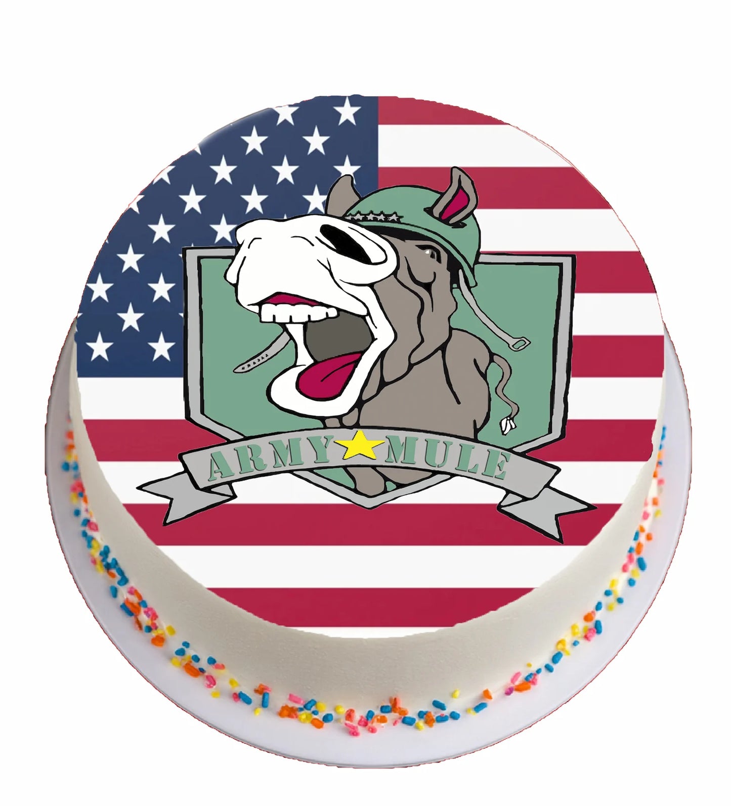 Circular design with an American flag background featuring a cartoon donkey and 'Army Mule' text.