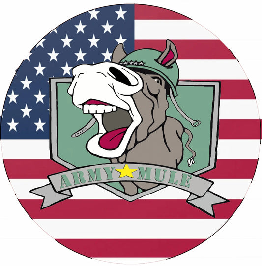 Edible image cake topper 8" round Image with the Army Mule with an American flag background
