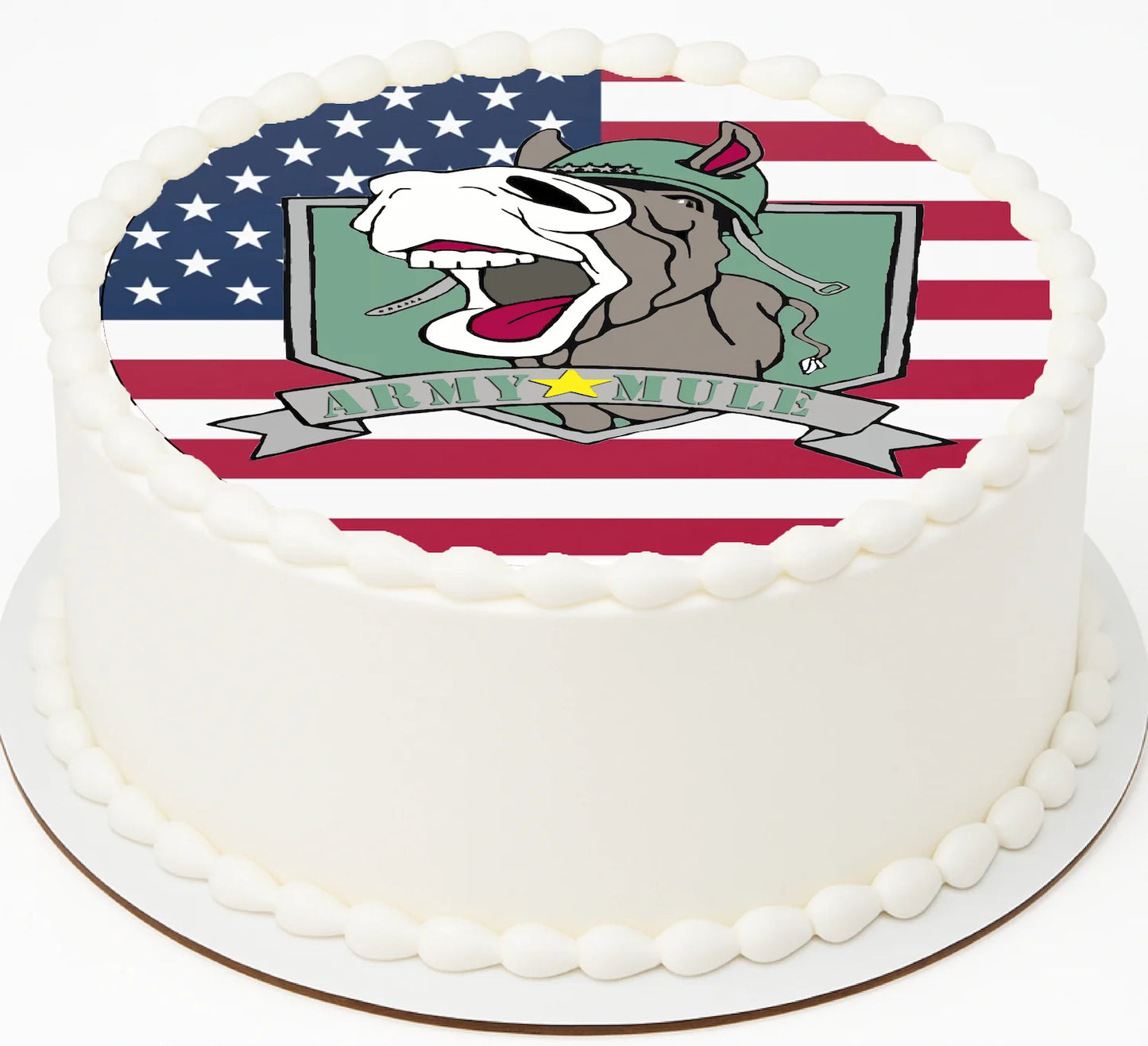 8" Round Edible image cake topper with American flag and Army Mule logo