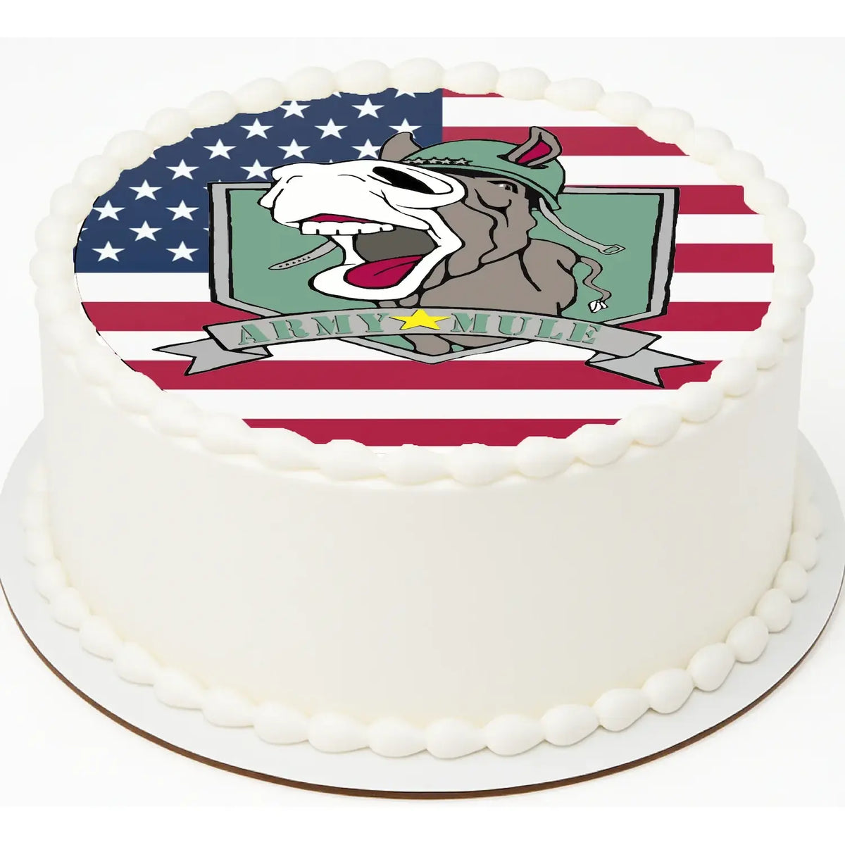 Army Mule Flag Edible Icing Cake Topper – 8-Inch Round on a round cake.