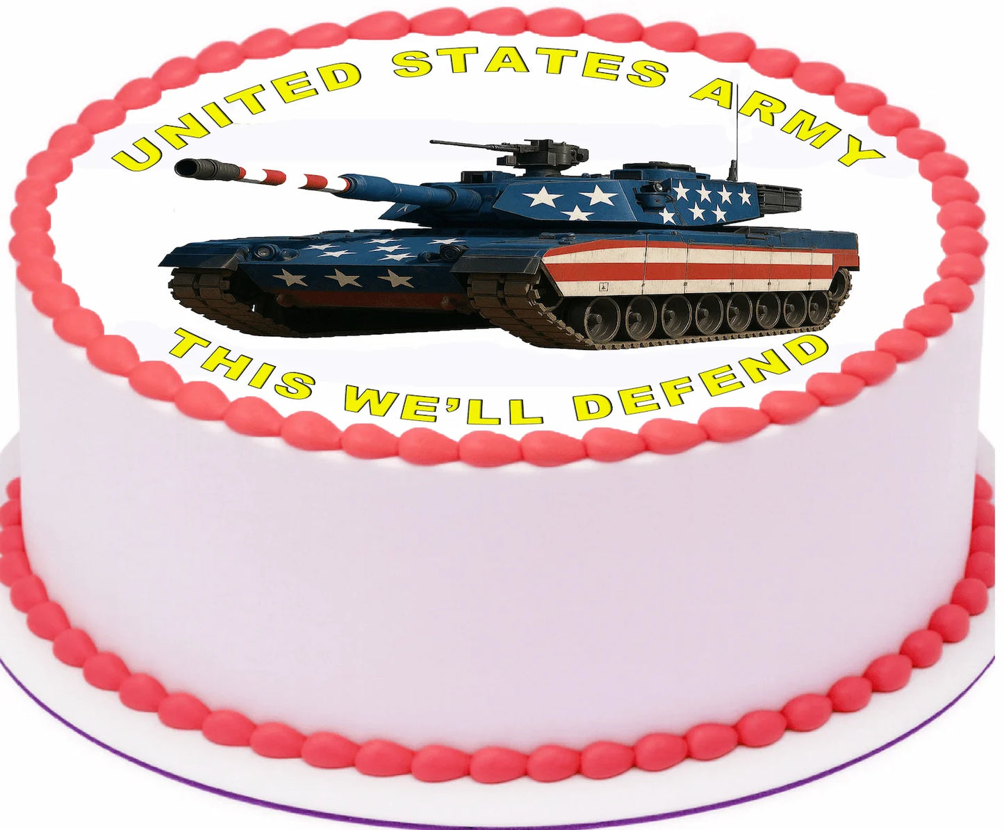 Cake with a tank design and 'United States Army This We'll Defend' text on a white background