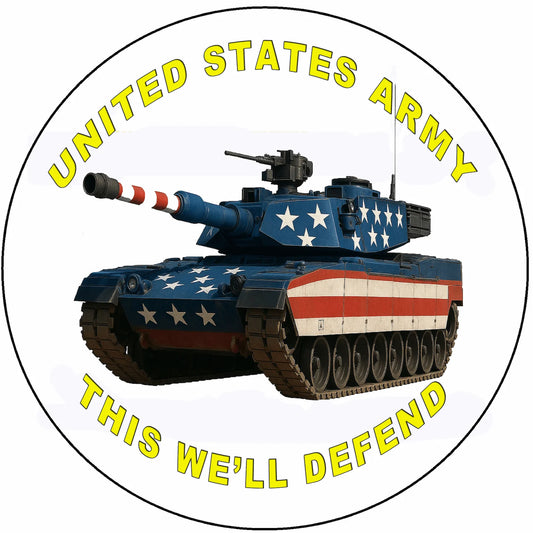 United States Army tank with American flag 8" edible image cake topper design and 'This We'll Defend' text on a white background