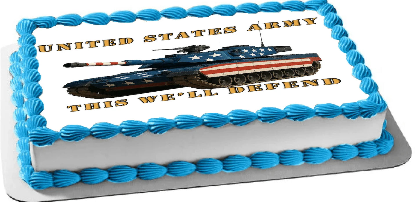 Cake with United States Army tank edible image cake topper design and text 'This We'll Defend' on a white cake