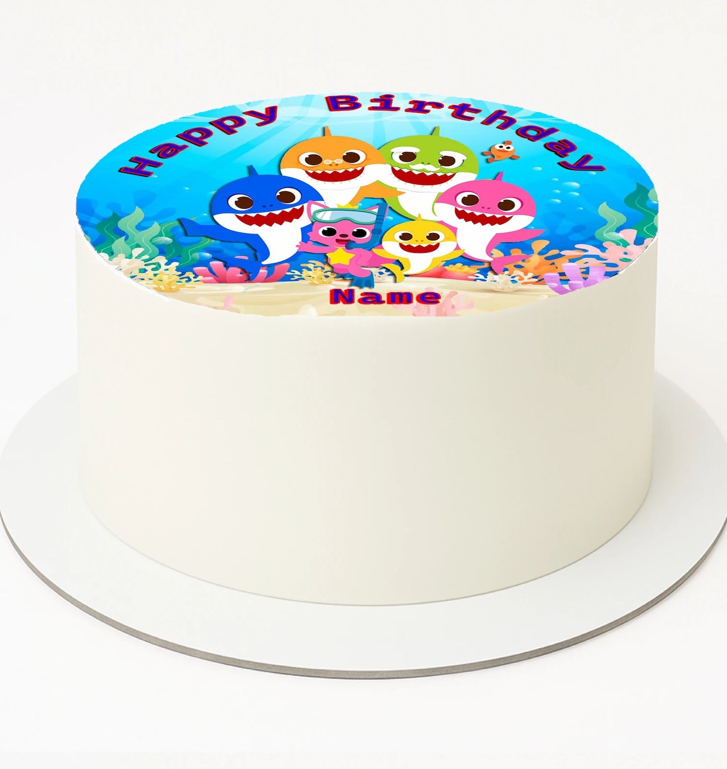 Birthday edible image cake topper with a cartoon shark family design and 'Happy Birthday' text.
