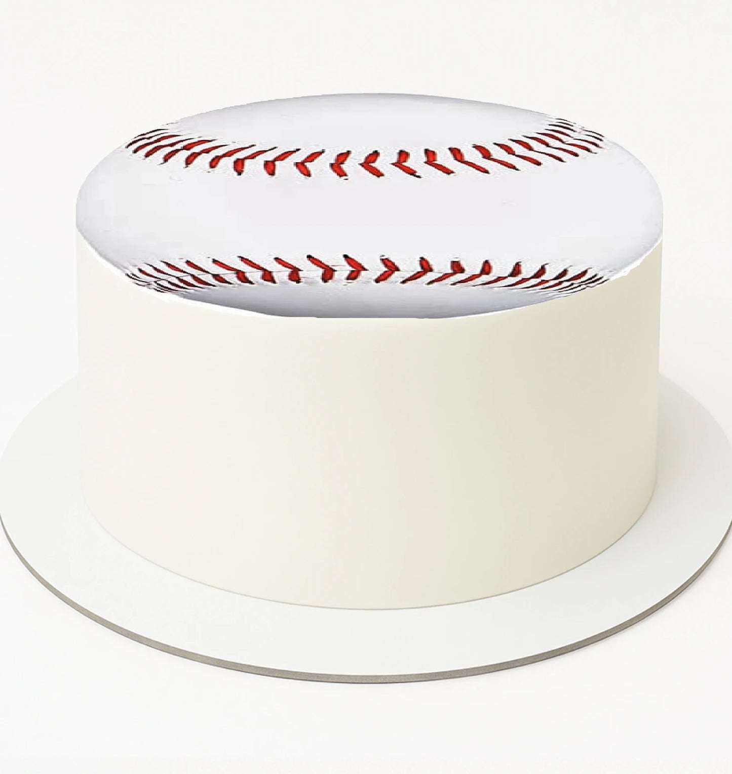 Baseball Edible image cake Topper decorated to look like a baseball including the red stitching cake topper