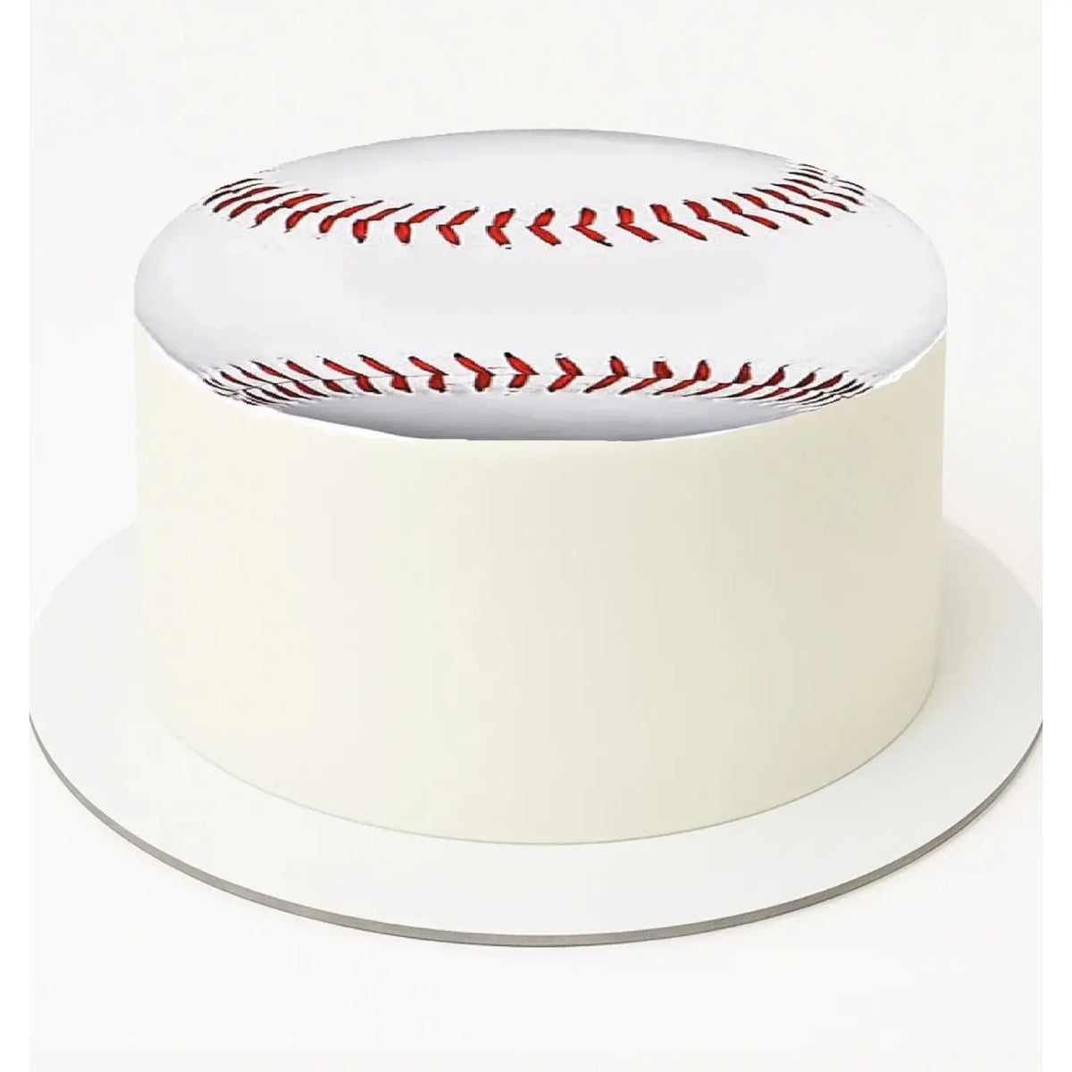 Baseball Edible Icing Cake Topper, on a white frosted round cake.