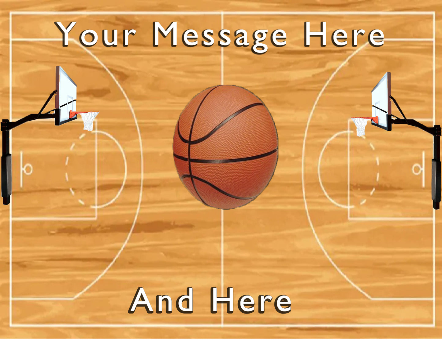 Edible Icing Sheet Cake with Basketball and basketball hoop on a wooden court with 'Your Message Here' text.