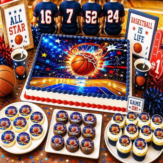 Celebrate with Basketball Edible Image Cake Topper - 1/4 Icing Sheet - RA Pape
