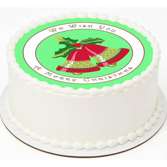 Christmas Bells edible icing round cake topper shown on a frosted cake.
