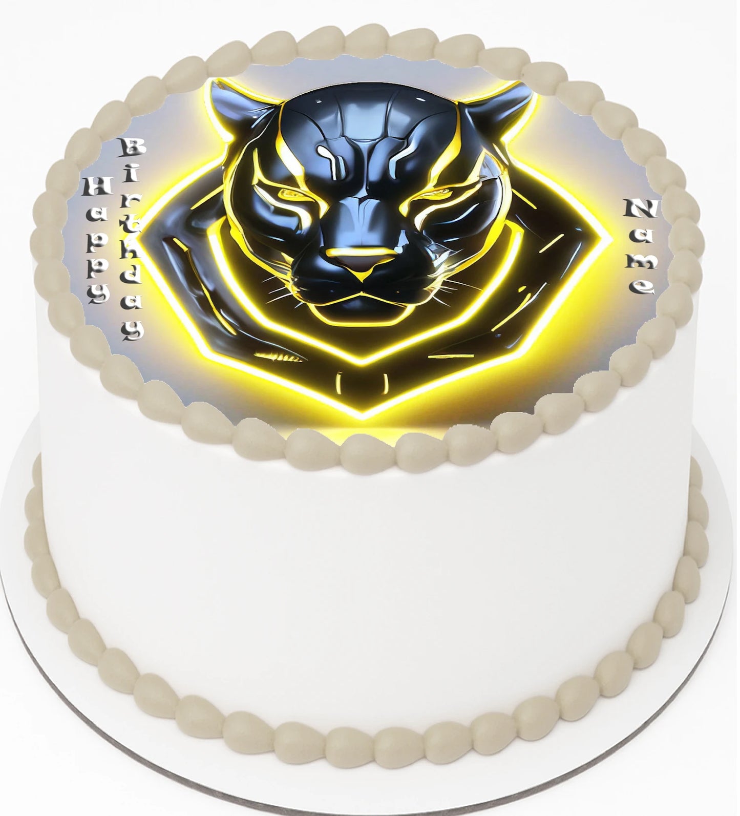 Cake with edible Icing Image a panther design and 'Happy Birthday'