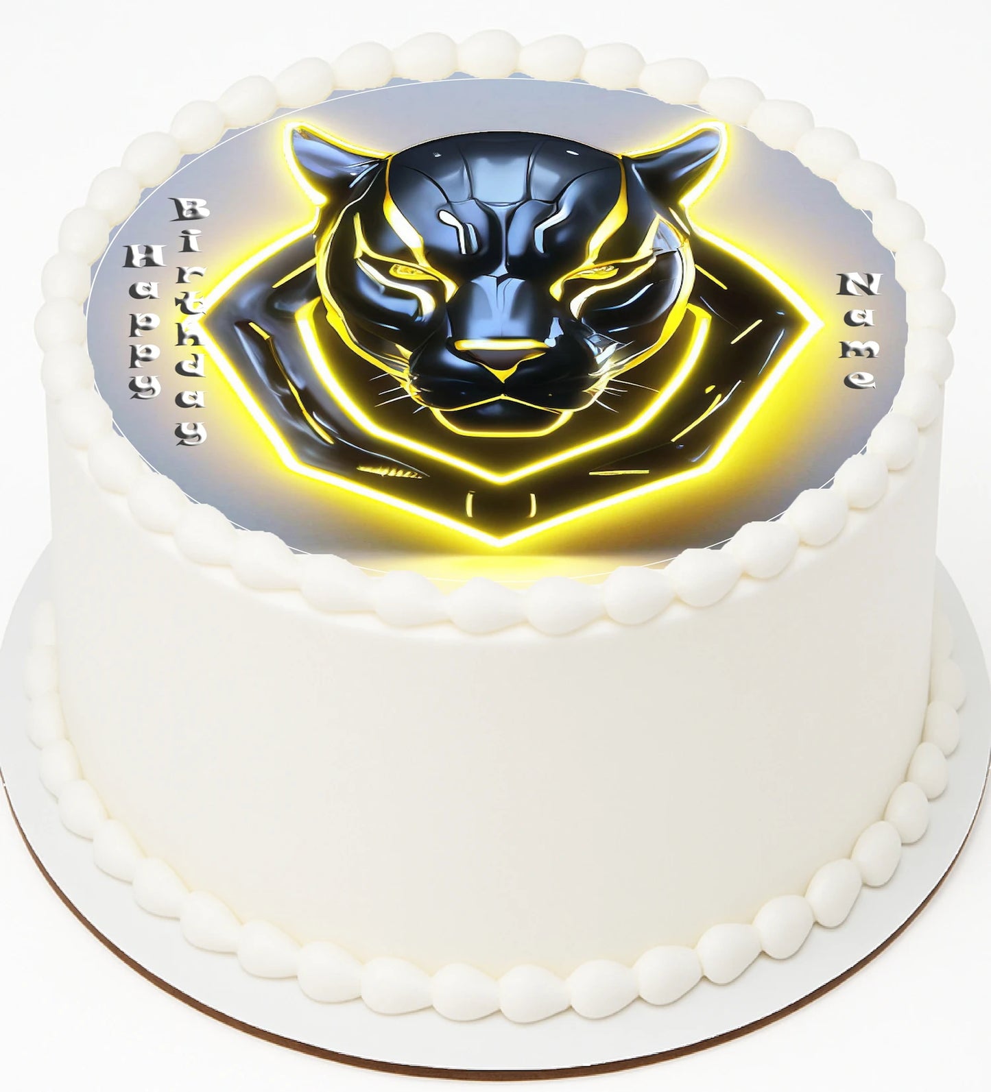 Edible Icing Image Cake TOpper On a White cake with a black panther design