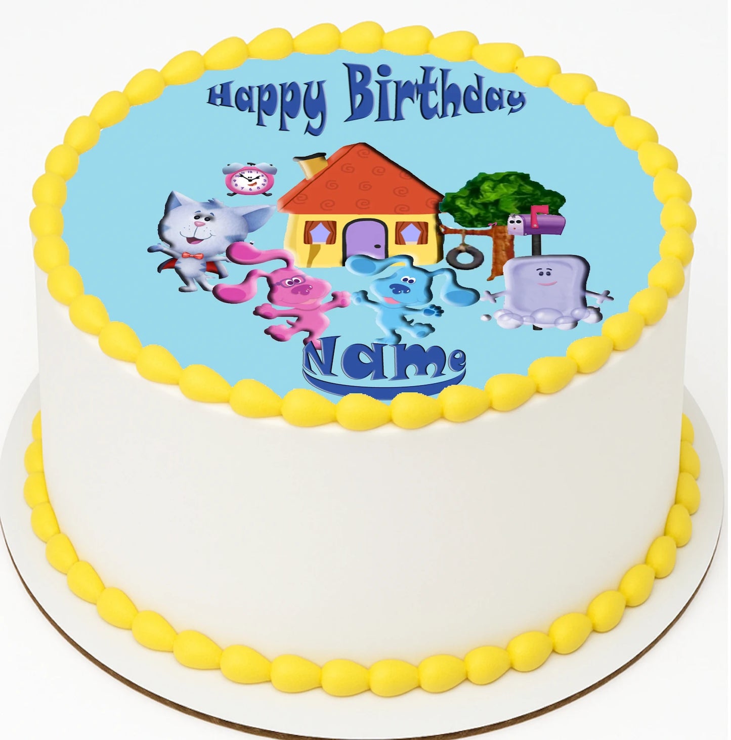 Edible image cake topper with cartoon blue clue characters and 'Happy Birthday'.