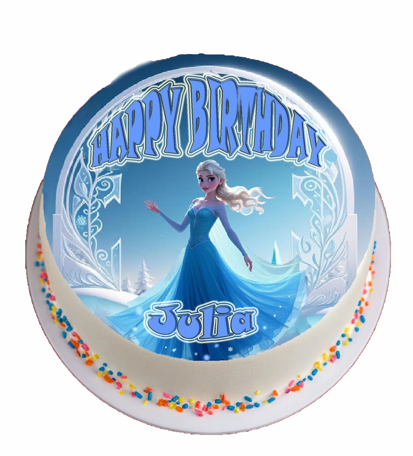 Round birthday edible cake topper with elsa from frozen character and 'Happy Birthday' text.