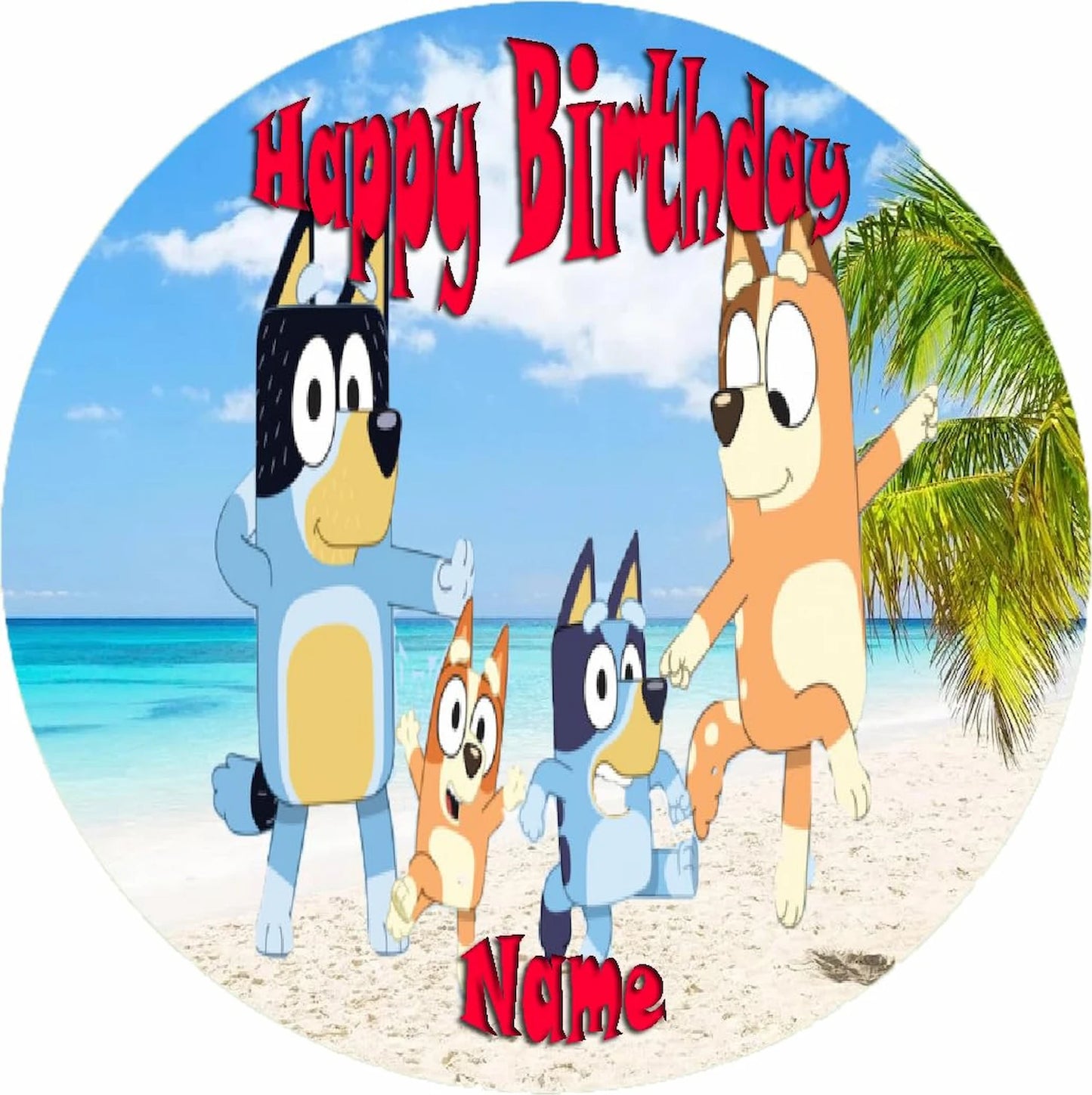 Round birthday edible icing images cake topper with Bluey cartoon characters on a beach