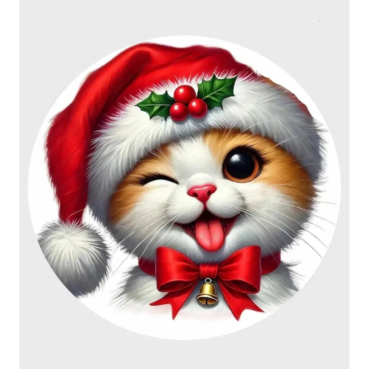 Cat in Santa Hat Christmas edible icing round cake topper design.