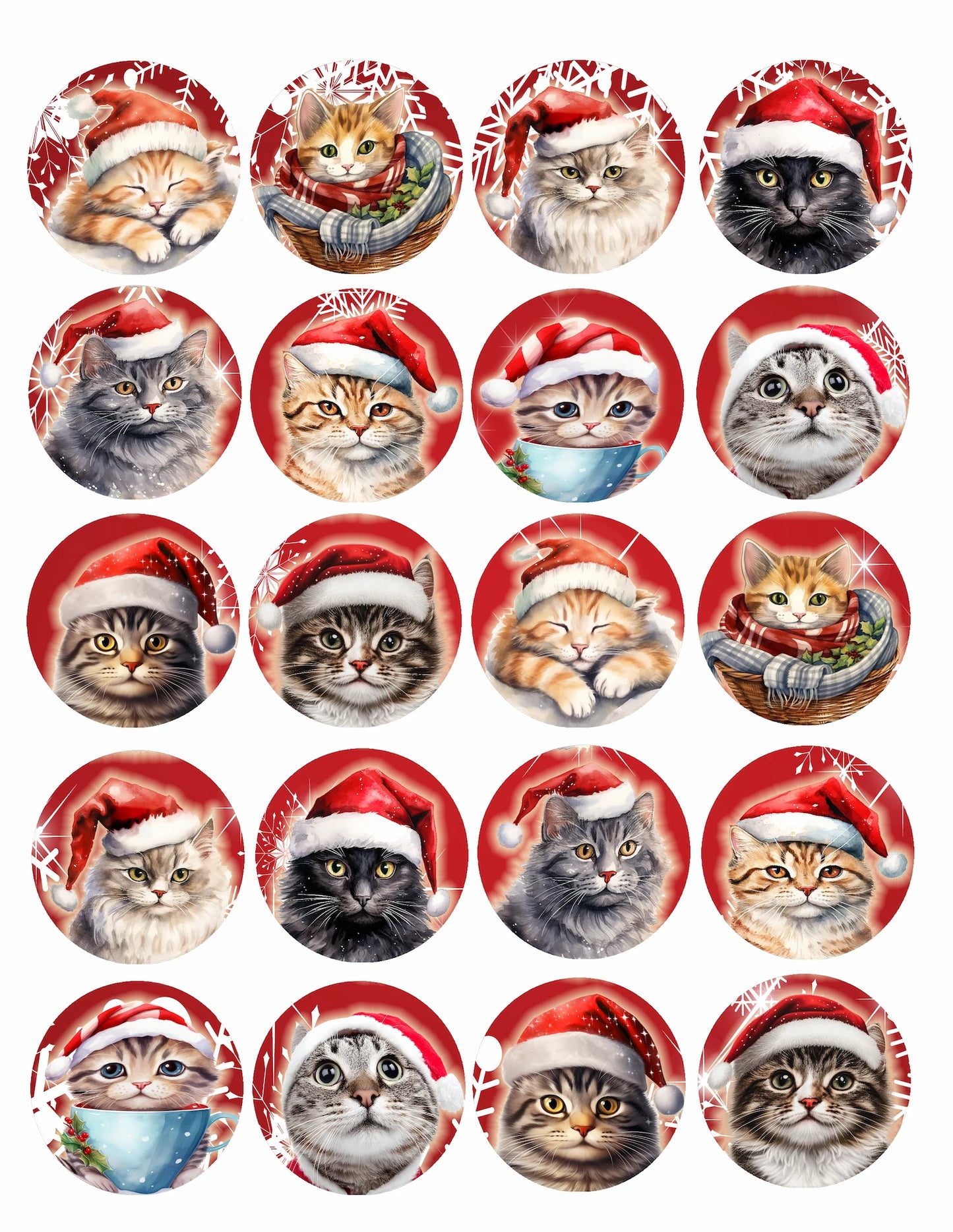 Cats in Santa Hats Christmas Edible Image Cookie & Cupcake Topper - Sheet of 20