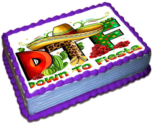 Custom Edible Cake Topper – Down to Fiesta – 1/4 Sheet Cake (9x13) – Precut Icing Sheet – RA Pape