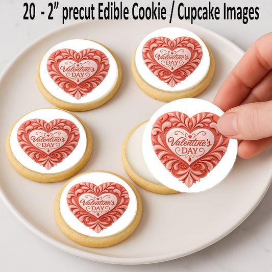 Custom Edible Cake Topper – Classic Valentine Heart Design – Icing Sheet Cookie & Cupcake Images –20 Pre-cut 2” Round– RA Pape