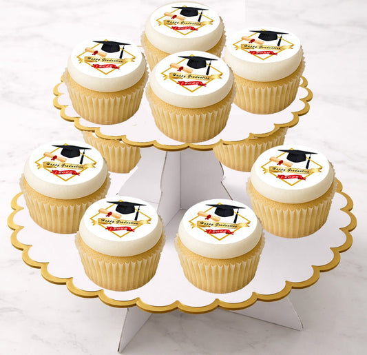 Custom Edible Cookie & Cupcake Topper Golden Graduate Design 20 - 2” Precut Icing Sheet
