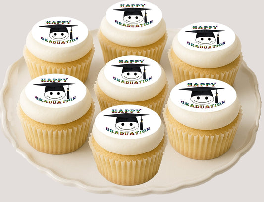 Custom Edible Cookie & Cupcake Topper Happy Face Graduation Design 20 - 2” Precut Icing Sheet