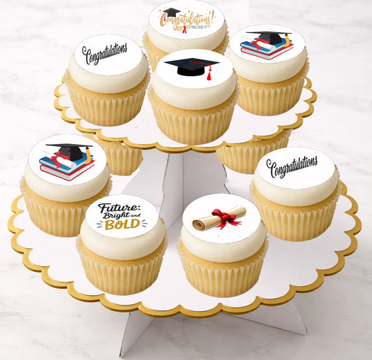 Custom Edible Cupcake Topper Mixed Graduation Designs 20 - 2” Precut Icing Sheet - RA Pape