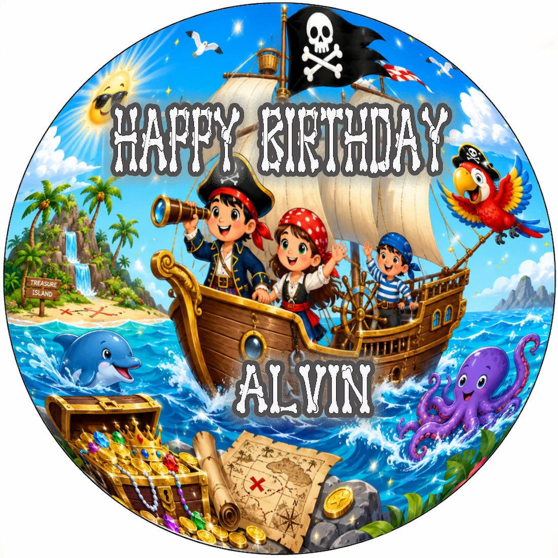Custom Edible Image Cake Topper - Pirate Treasure Adventure - Precut 8 " Icing Sheet - RA Pape Fun to use
