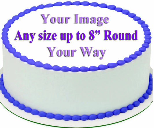 Customized Round Edible Icing Image White cake with purple frosting and text on a white background