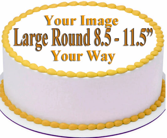 Large round edible icing image on White cake with gold border and text overlay on a white background