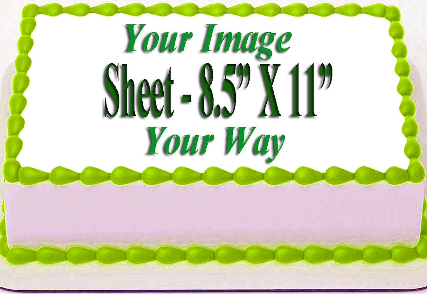 Customized Edible Icing Image Sheet with green border and text on a white background