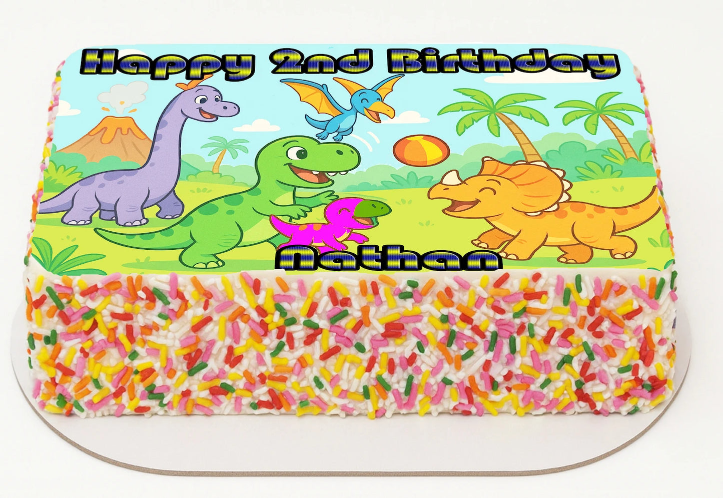 Dinosaurs at Play Edible Icing Image Sheet Cake Topper with dinosaur design and 'Happy 6th Birthday' & Name Personalized and colorful sprinkles