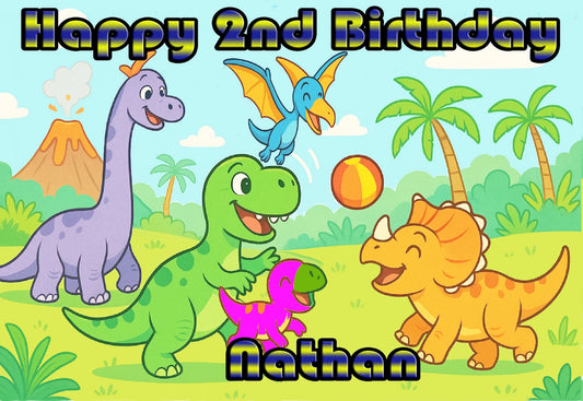 Dinosaurs at play edible icing images cartoon dinosaurs playing with a ball in a jungle setting, celebrating a 2nd birthday.