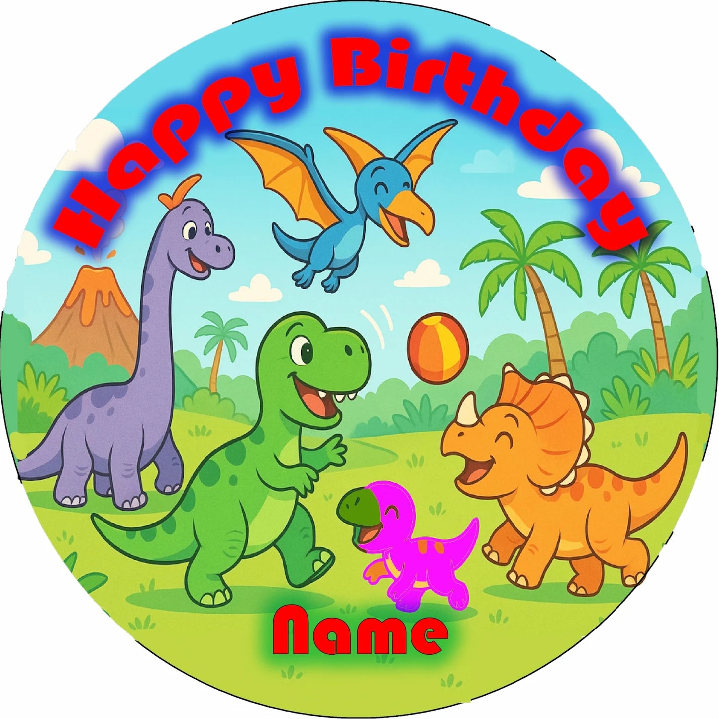 Circular birthday edible image cake topper with cartoon dinosaurs playing and 'Happy Birthday' text.